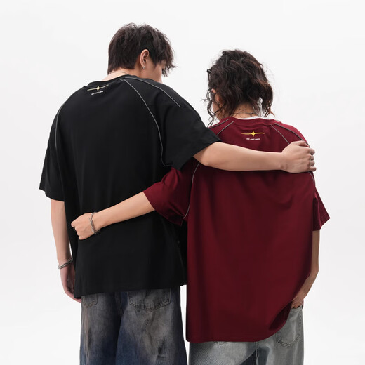 POUM美式学院风短袖男女夏季重磅宽松休闲半袖舒适设计感百搭情侣T恤 CQS-1506黑色 M