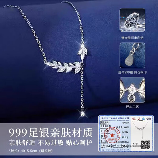 BJYLS 999 sterling silver necklace for women, light luxury pure silver pendant clavicle chain, practical Valentine's Day birthday gift for girlfriend, 999 pure silver Sui Sui Ping An Necklace