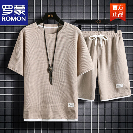 罗蒙（ROMON）重磅华夫格短袖T恤男夏季宽松大码运动短裤套装工作服圆领透气潮 829黑色【套装】 M 100-120斤