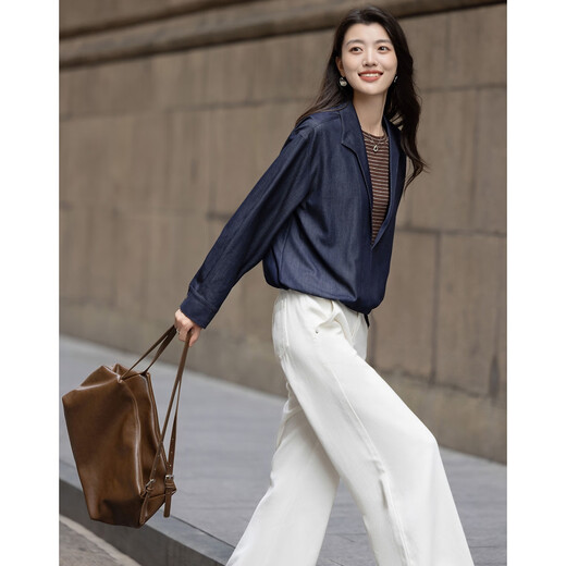 Demana layering artifact autumn temperament fake two-piece shirt imitation denim striped shirt lapel women's top