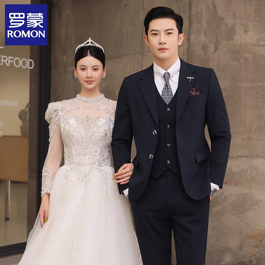 ROMON suit men's three-piece Korean style slim-fit small suit business casual professional formal dress groom wedding dress dark gray top + pants XL 52 120-135 Jin Jin equals 0.5 kg to wear