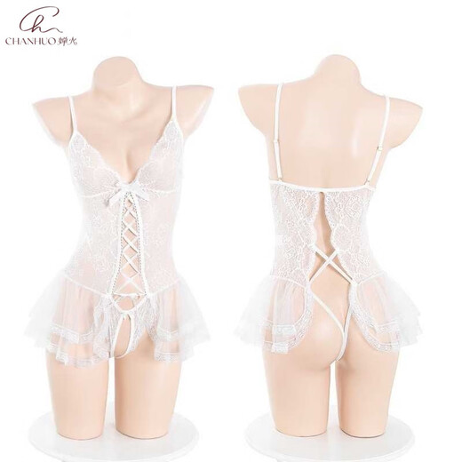 Transparent mesh flirting romantic lace crotch-exposed hip-like jumpsuit female suit 9227 white + model socks average size 80-120Jin [Jin equals 0.5 kg]