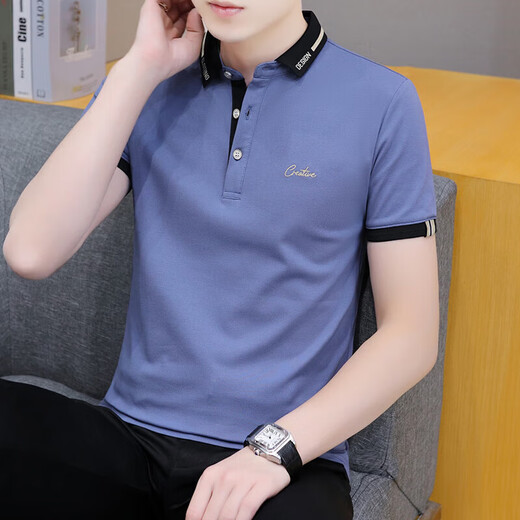 Hailan Home Herren Sommertrend Lapel Herren Kurzarm T-Shirt Youth Business Freizeit Lose LED-halbe Ärmel schwarz qy683 m
