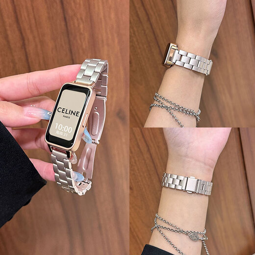 Shangmo es adecuado para la pulsera Huawei 1098/7/6Pro Strap Metal Cinturón de acero de tres plantas Summer Huawei 9 Smart Sport Sports Bindo de acero de acero-Color de la luz de la estrella Aplicable: Huawei Bracelet 10 correa [Versión general de la NFC]