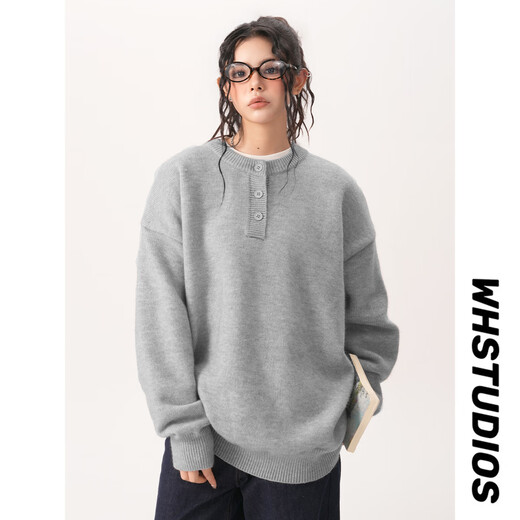 QGF American retro Henry neck sweater for women and men in autumn and winter new cleanfit loose lazy style round neck sweater dark gray XL recommended 125-145Jin Jin equals 0.5 kg