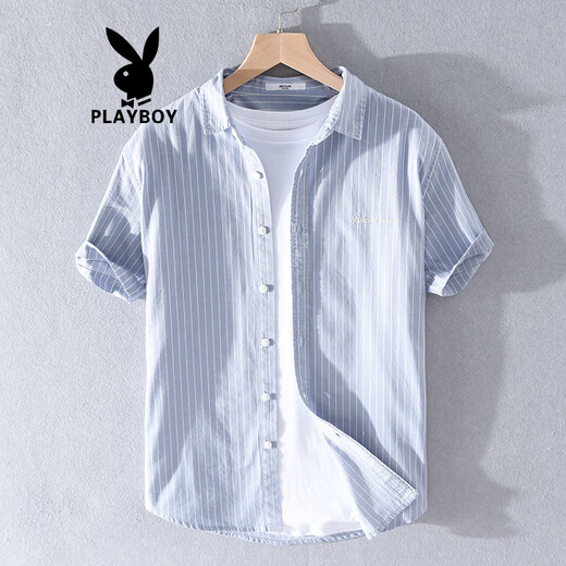 花花公子（PLAYBOY）夏季纯棉日系新款休闲短袖衬衫条纹免烫帅气男士衬衣服 9738黑条纹 3XL 160斤左右