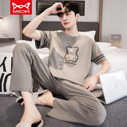 Catman Miiow Pure Cotton Pyjamas Herren Sommer kurzärmelige Hosen Jährlich-auf-Sommer-Dünne Baumwolle Largesize Casusize-Home-Kleidungsstückset YS9201 L Geeignet für -120jin [Jin gleich 0,5 kg] Verschleiß