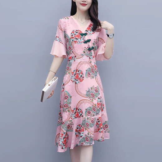 XAE奢侈高档品牌短袖连衣裙女2025夏季新款小个子V领碎花旗袍长裙 粉红色 L