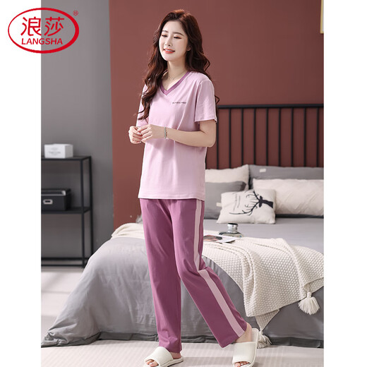 
LangSha pajamas for women, pure cotton short-sleeved trousers, thin 2025 new cotton home clothing set for casual and can be worn outside 7374 bean paste powder M 80-100Jin [Jin equals 0.5 kg]