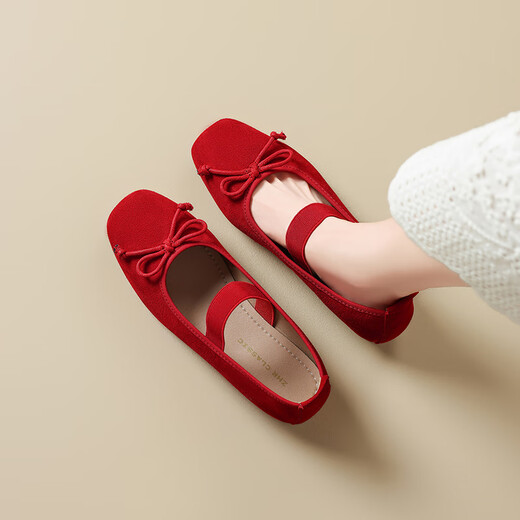 ZHR Single Shoes Frauen Sommertemperament Bow weiche flache Mary Jane Lederschuhe Frauen flacher Mund Ballet Frauenschuhe AH683 rot 39