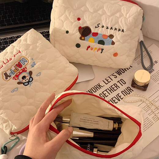 Bolsa de maquillaje de alto valor muxingyu, bolsa de almacenamiento de viaje portátil de gran capacidad, productos para el cuidado de la piel, artículos de tocador, cachorro de coloridos bordados