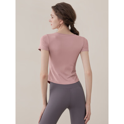 SMVPVOJ yoga clothes for women 2025 new short-sleeved slim sports tops Pilates training clothes fitness clothes pink tops fixed chest pad S weight 95Jin Jin is equal to 0.5 kg or less