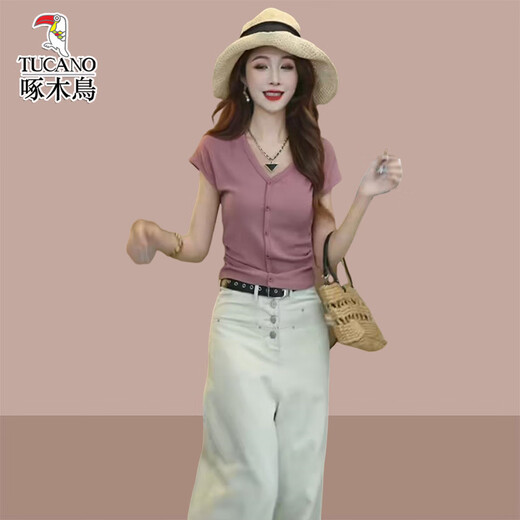
Woodpecker's new summer women's V-neck T-shirt wide-leg jeans two-piece set white pants M (recommended 100 Jin [Jin equals 0.5 kg])
