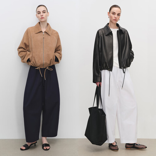 MSBEAST Miss Beast imported double version sheepskin Lo*we style lapel drawstring short leather jacket丨balloon jacket classic black M