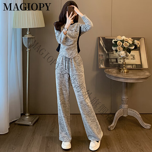 MAGIOPY国际奢侈高档品牌高端欧货运动套装女秋季时尚气质小香风卫衣高腰 灰色两件套 S(100斤以内)