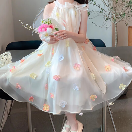
Feiyao Girls' neck halter dress summer girl mesh princess dress baby summer 2025 new children's clothing fashionable summer neck halter flower princess dress 130 size recommended height 120