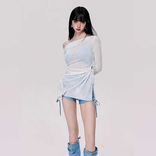 Nanmu Bear Swimsuit Women's Split Three-Piece Set Long Sleeve Sweaty Girls Summer Pure Desire Conservative Sun Protection Belly Slimming Swimsuit Blue Shirt Three-Piece Set [70-120Jin [Jin equals 0.5 kg]]