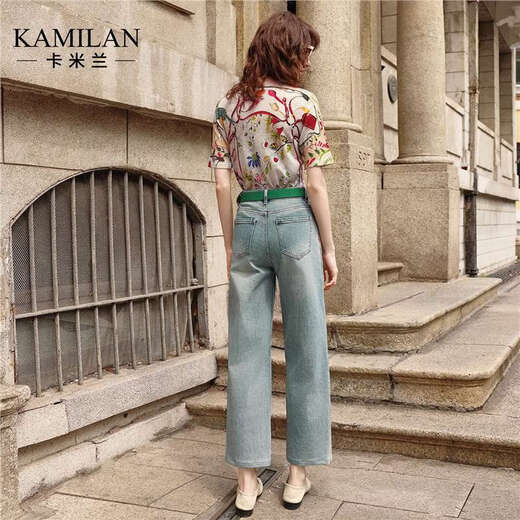 
Kamilan printed short-sleeved sweater for women in summer 2025 new high-end round neck slim bodywear style XL