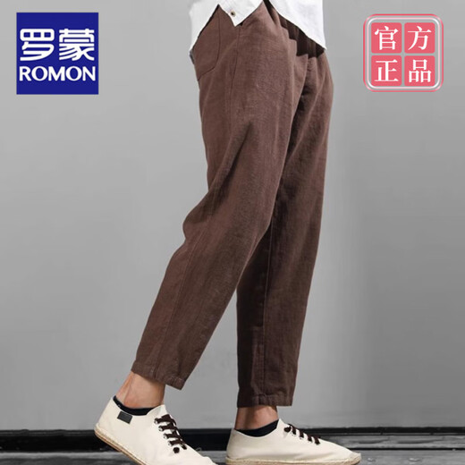 ROMON Japanese retro linen pants for men in summer breathable loose waist casual pants for men in cotton and linen clip pants high-end sense of brown M