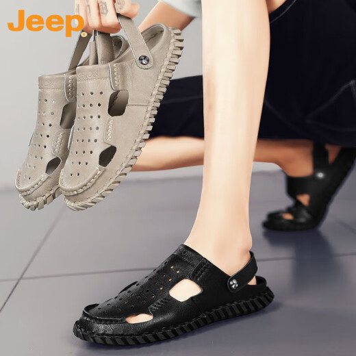 吉普（JEEP）包头凉鞋男士休闲两用2023夏季新款外穿两穿开车透气沙滩皮凉拖鞋 12033 HY黑色 39