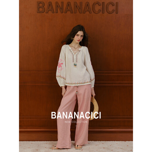 Banana Cici 2025 Summer New South French Wave Sporting and Healing Flower Borded Linen Shirt C252CS691 White L