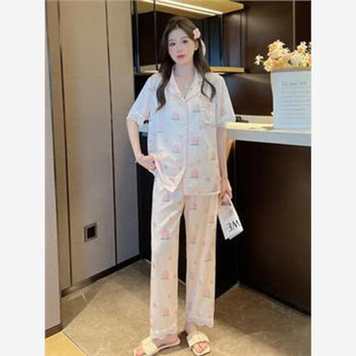 雅鹿睡衣冰丝女性感高级冰绸丝夏季短袖长袖家居服夏天薄款三件套装蕾 FS_9905#开衫短长水蜜桃 M