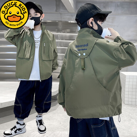 G.duck Boys' Autumn Jacket Plus Velvet Charge 2025 New Big Children's Spring and Autumn Casual Jacket Top Street Children's Clothing Black Cotton Style 110 cm