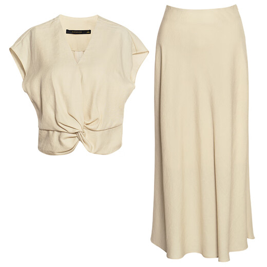 ROEYSHOUSE roe style design sense hemp kink set 2025 summer new pleated top skirt two-piece set 12392 light yellow S
