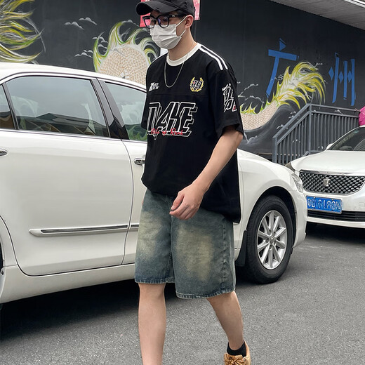 迪伽达美式水洗复古蓝牛仔短裤男夏季新款街头休闲阔腿宽松直筒五分裤 TVFS-826复古蓝 XL