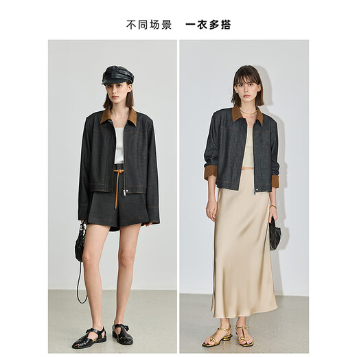 LILY2025秋新款女装撞色灯芯绒拼接宽松休闲百搭仿牛仔夹克外套 509深灰 M