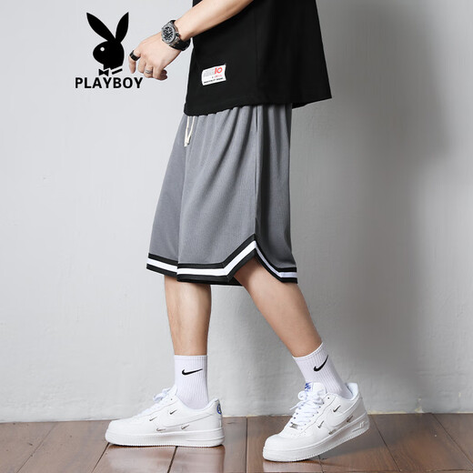 Playboy (PLAYBOY) sports shorts men's summer American basketball shorts ice silk quick-drying five-point mid-pants men's loose casual pants 1478-Black + 1478-White L