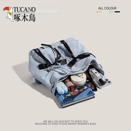 Woodpecker (TUCANO) nylon canvas bow backpack for women 2025 new trend Korean niche backpack large capacity commuting travel bag light blue