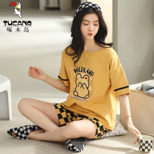 TUCANO; Woodpecker Summer Women's Short Sleeve Cotton Plaid Pajama Set Summer Pure Korean Style Home Clothes Can Be Cartoons Outside Y9858 M (Suggested 75-95Jin [Jin equals 0.5 kg])