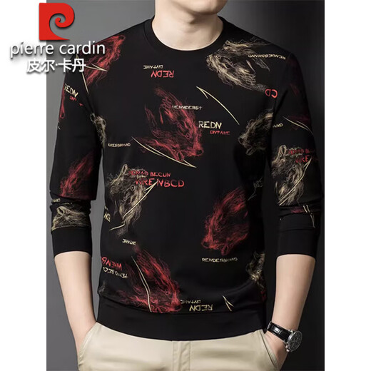 Pierre Cardin high-end pure cotton long-sleeved T-shirt men's floral sweatshirt young and middle-aged slim round neck pullover jacquard European and Korean version men's fashion 6616 red brown XL 175 recommended 138-150Jin Jin equals 0.5 kg