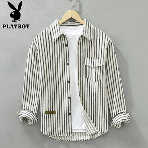 花花公子（PLAYBOY）长袖条纹衬衫男生休闲纯棉衬衣春秋季新款潮流时尚青少年牛仔外套 6625浅绿 L