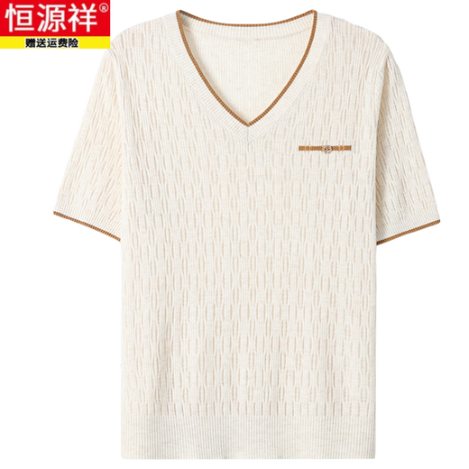 恒源祥桑蚕冰丝v领短袖t恤女夏装新款妈妈短款上衣体恤薄款冰丝针织衫 米色(9195款) S 85-100斤穿