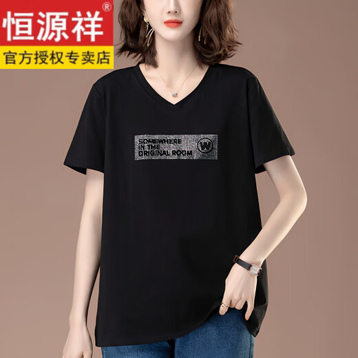 恒源祥V领宽松t恤夏装新款中年妈妈洋气短袖上衣大码女装胖mm显瘦潮 9923酒红色长袖 L 适合体重105-119