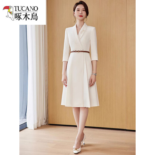 
Woodpecker brand off-white formal occasion dress for women's temperament fashionable suit host speech contest high-end profession off-white short-sleeved dress (half-pleated) L