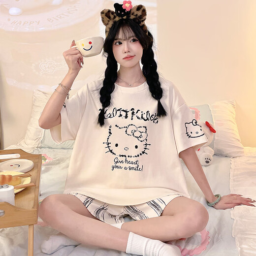 少年情话女士睡衣纯棉夏季短袖短裤卡通夏天少女学生大码可外穿家居服套装 Z9920 M 女75-95斤