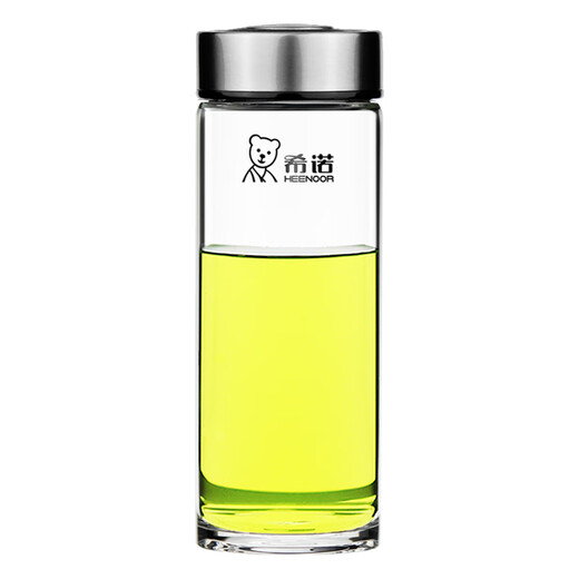 希诺（HEENOOR）玻璃杯单层加厚家用喝水杯便携随手杯大容量西诺水杯男士茶杯 6190-升级小熊【280毫升】 带滤网