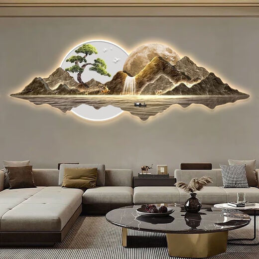 时鸟流水生财山水画新中式客厅装饰画沙发背景墙挂画大气茶室壁饰 13548 210*70精雕晶瓷画-无灯款