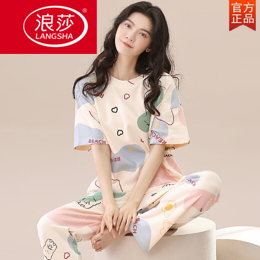 浪莎（LangSha）2025年新款睡衣女夏纯棉短袖长裤春秋夏款女士家居服薄款两件套装 ZH-9721 M