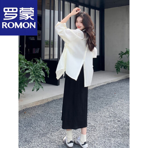 罗蒙（ROMON）小众简约夏装设计感遮肚衬衫防晒外套加背心裙两件套中长款连衣裙 米杏色衬衫+黑色裙子【两件套】 M 80-100斤