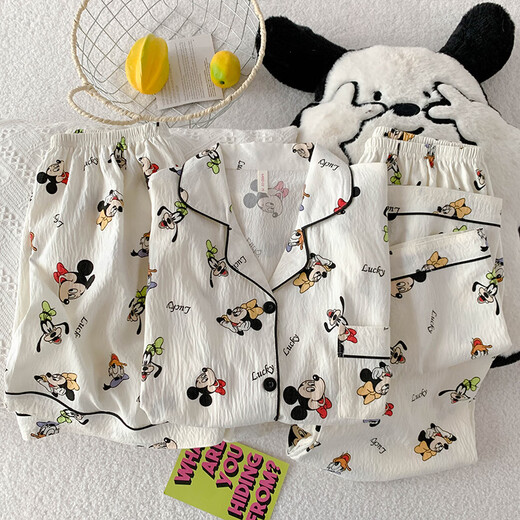 UKUHPK25 Sommer Frauen doppelte kurze Hosen dreiteiliger Pyjamas Cardigan Revers Creative Cartoon Cloud Cotton WZN-9901# Pink Border Mike M.