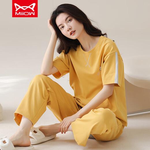 Catman Miiow Pajamas para mujeres en primavera y verano pantalones de manga corta Los estudiantes de estilo coreano puro pueden usar trajes de ropa para el hogar de algodón puro afuera en verano yzt9713 algodón de longitud corta (80-jin [Jin equivale a 0.5 kg])