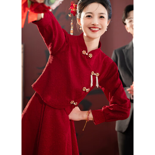 Spring Man (TANHUANGREN) Toast Wear Bridal Long Sleeve New Chinese Style Cheongsam Red Wedding Engagement Dress Little Man Home Clothes Burgundy M