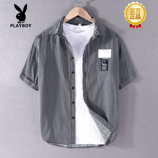 花花公子（PLAYBOY）条纹衬衫男士短袖夏季薄款日系复古纯棉免烫韩版休闲半袖贴标衬衣 9740黑色 XL 【适合体重140-155斤】