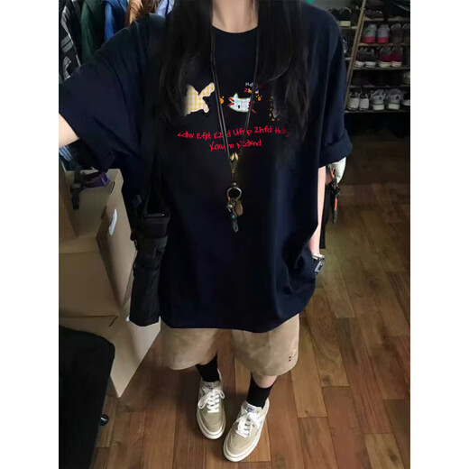 Nasawassup offizielles Co-Branding-T-Shirt aus reiner Baumwolle mit rechter Schulter in Marineblau, kurzärmeliges T-Shirt für Herren, Sommer 2025, neues Design, Sinn für Nische, lose, Marineblau DY2629-DYG M empfohlen 80Jin Jin entspricht 0,5 kg -110Jin Jin entspricht 0,5 kg