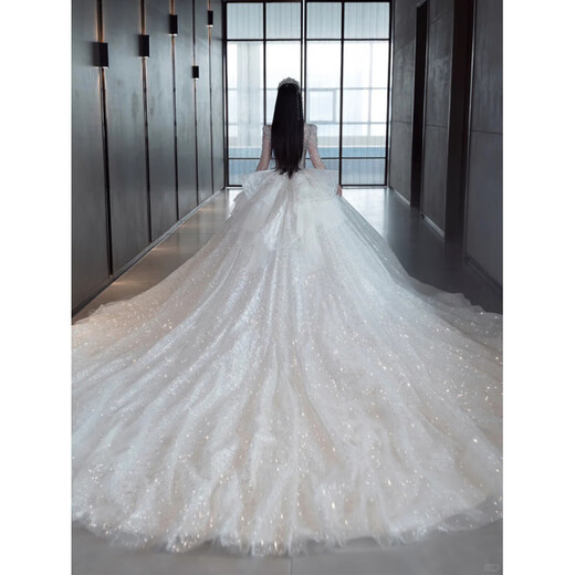 Wei Lian Menglan's main wedding dress bride 2025 new long-sleeved French heavy-textured pregnant women's light large tail wedding dress white floor-length wedding dress plus eight-piece set S Weight 90Jin Jin is equal to about 0.5 kg