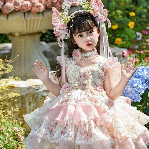 
Mikoshan girl Lolita Princess Dress Summer New Style Monet Garden Dress Flower Fairy Lolita Skirt [No Accessories] Pink + bow tail 140